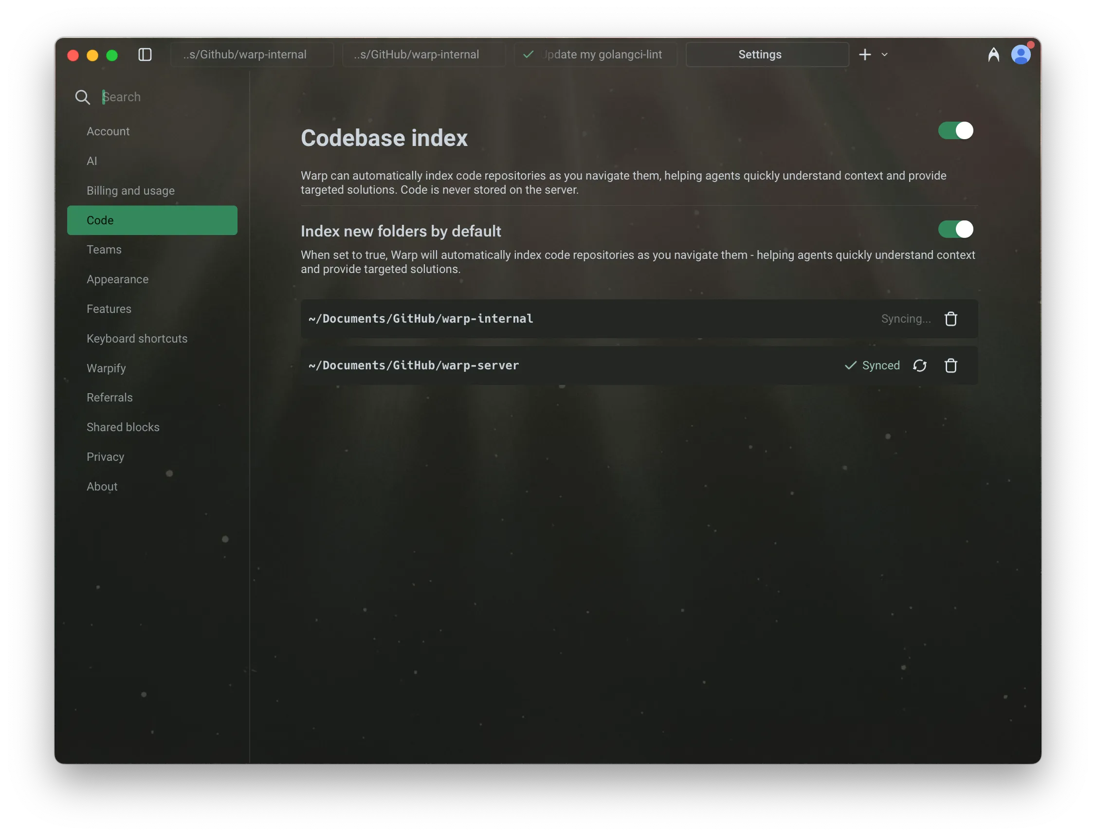 Codebase indexing settings in Warp, showing sync status and which folders are indexed for AI-powered context and suggestions.