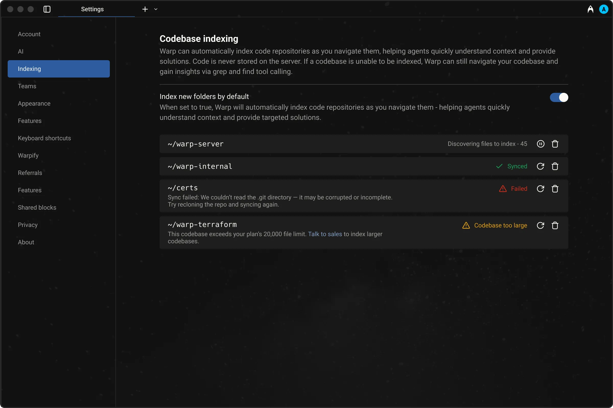 View and manage the indexing status of your codebases in Warp, showing which projects are synced, in progress, or require attention.